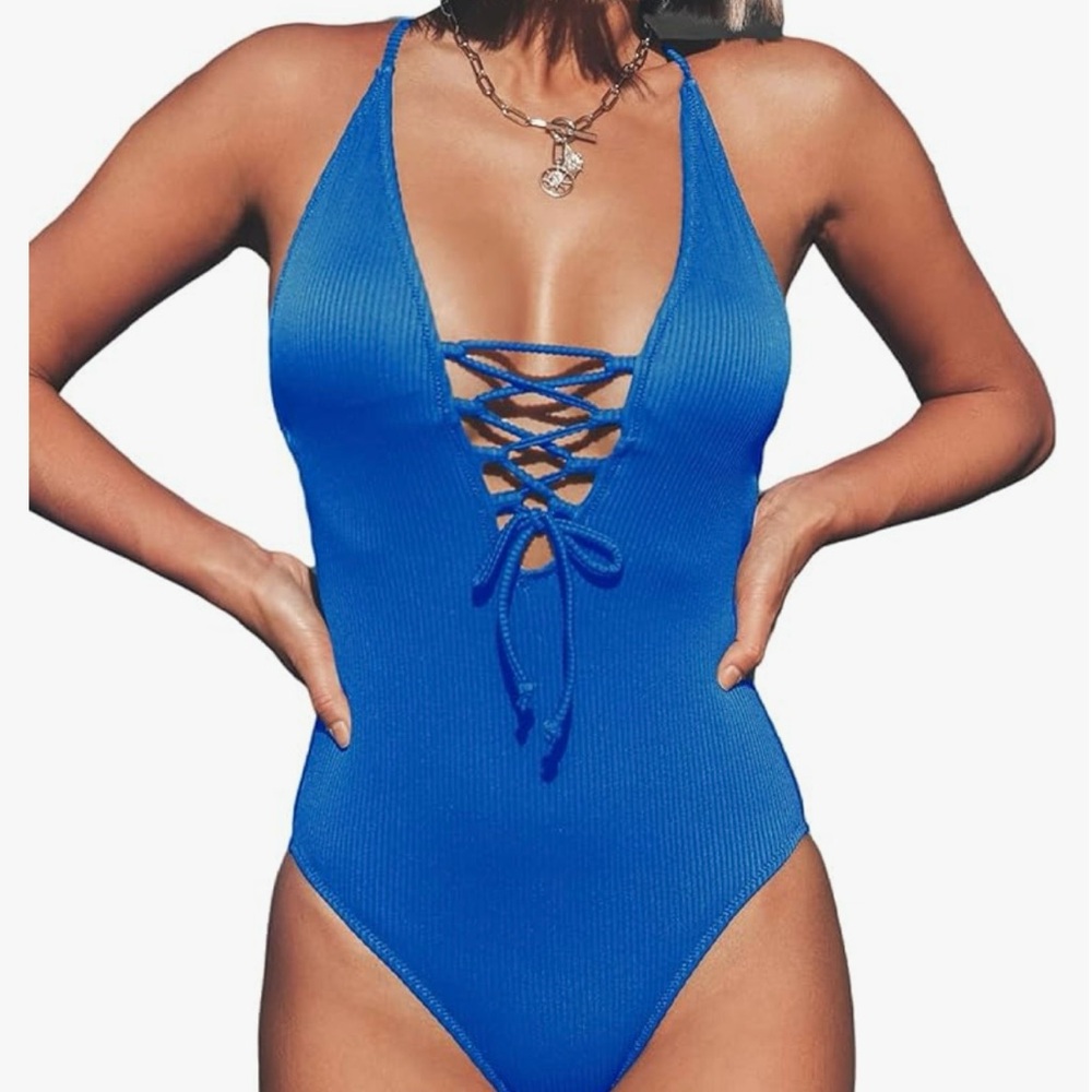 CUPSHE Women's Ribbed Blue V Neck Lace Up One Piece Swimsuit